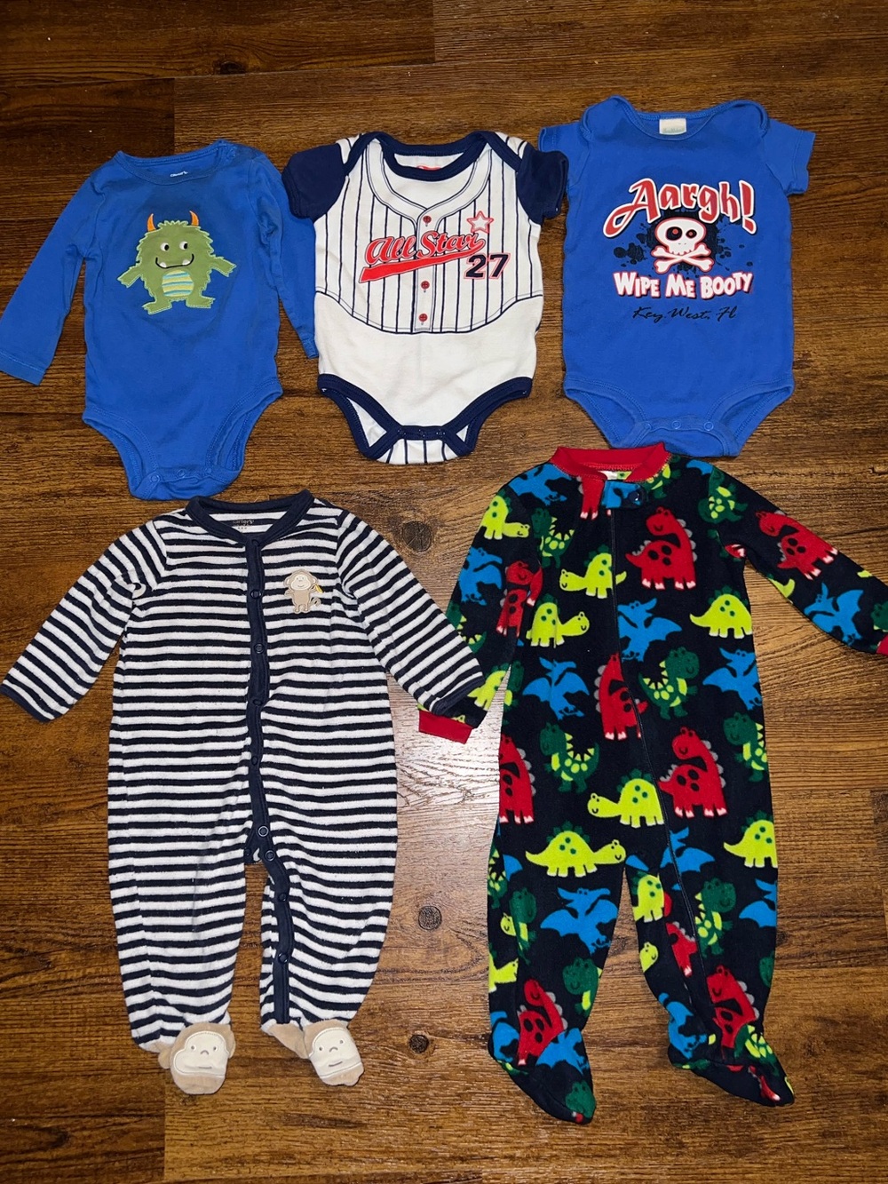 Baby Boy Romper & Onesie Clothing Lot 5 Piece Various Brands Size 6-9M- 12M